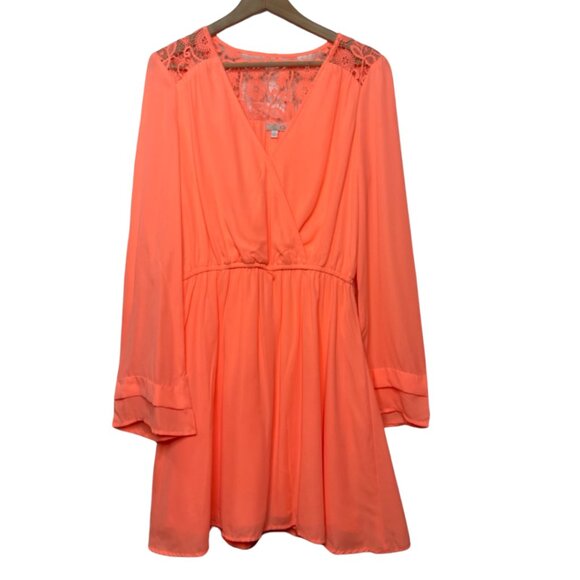 Gianni Bini Dresses & Skirts - GIANNI BINI | Long Sleeve Bright Coral Lace Trim Mini Dress | Size L
